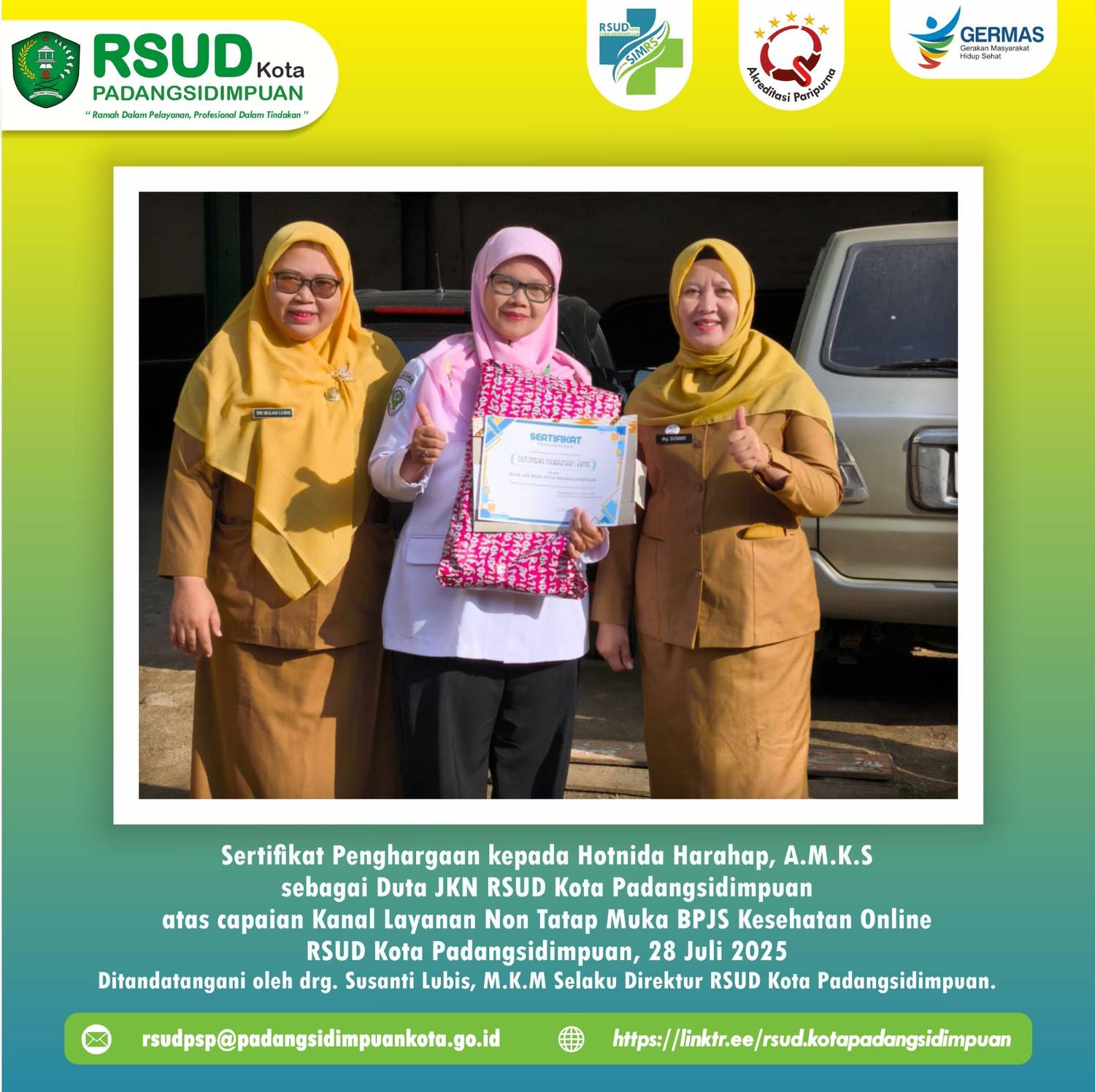 🎉 Prestasi Membanggakan! 🎉 RSUD Kota Padangsidimpuan kembali menorehkan prestasi dalam layanan kesehatan digital! Image